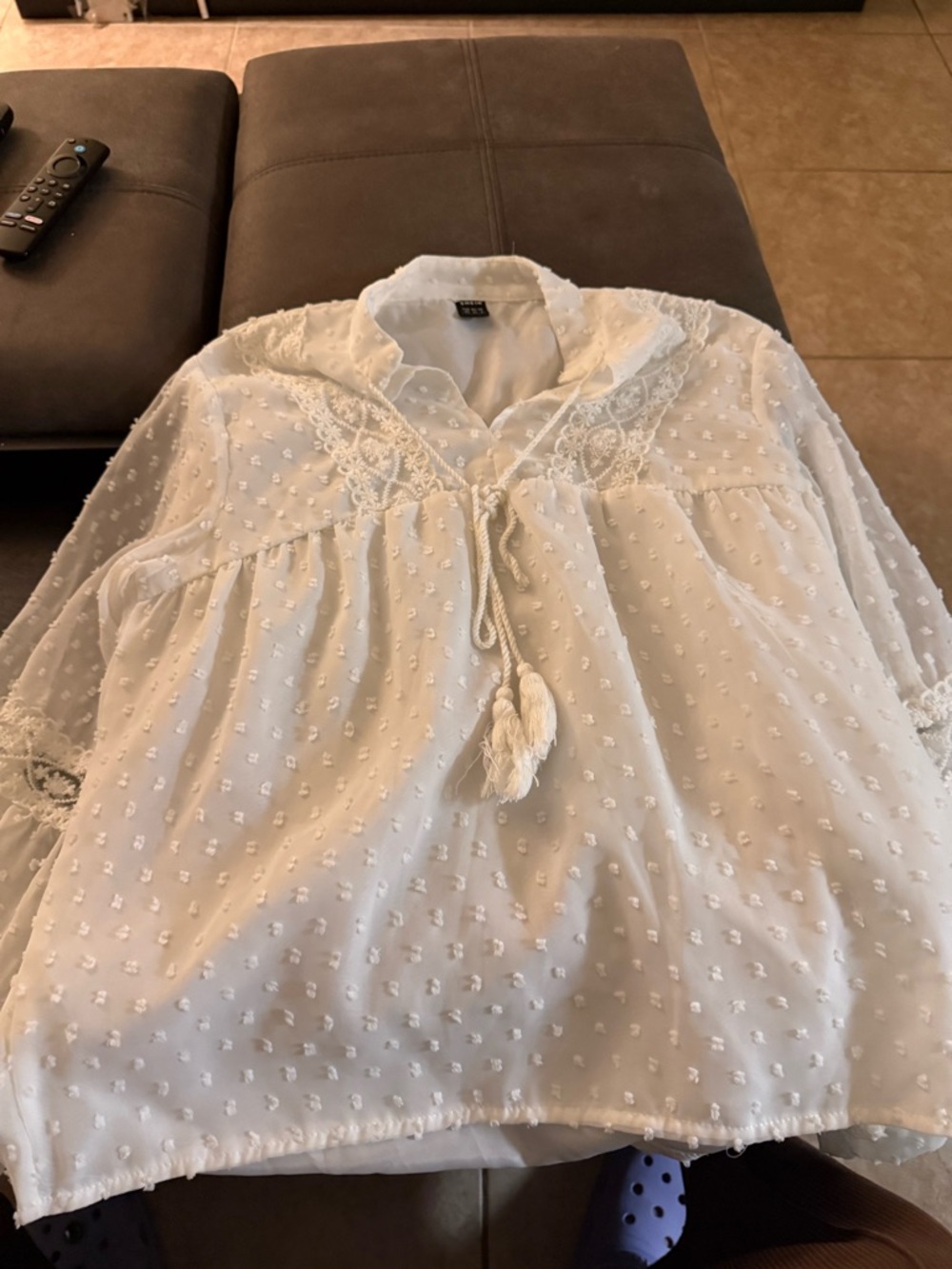 SHEIN White Lace Swiss Dot Peasant Blouse with Tassel Tie